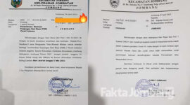 Surat perihal permintan THR dari Kelurahan Jombatan (kiri) dan surat imbauan Camat Jombang melarang meminta dana/ bingkisan kepada Perusahaan atau Masyarakat Umum (kanan).