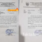 Surat perihal permintan THR dari Kelurahan Jombatan (kiri) dan surat imbauan Camat Jombang melarang meminta dana/ bingkisan kepada Perusahaan atau Masyarakat Umum (kanan).