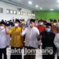 Suasana deklarasi Basrah atau Barisan Santri Relawan Airlangga Hartarto (Basrah) di aula gedung Stikes Bahrul Ulum Tambakberas, Kabupaten Jombang, Senin (24/2/2022).