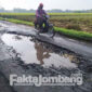 Kondisi jalan penghubung kecamatan Ploso dengan kecamatan Plandaan, Kabupaten Jombang, yang rusak cukup parah, Selasa (15/3/2022).