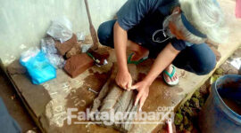 Potongan arca Nandiswara dibersihkan setelah ditemukan saat penggalian sumur situs Pandegong, Menganto, Kecamatan Mojowarno, Jombang, pada kedalaman sekitar 3 meter.