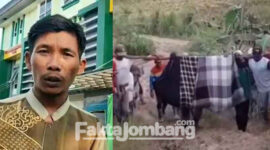 Mustain, keluarga pasien warga Dusun Rapahombo, Desa Pojokklitih, Kecamatan Plandaan, Kabupaten Jombang (kiri), dan aksi warga saat memikul pasien lewati jalan rusak dan berlumpur (kanan).