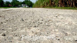 Kondisi rabat beton di Dusun Gebangmalang, Desa Bandung, Kecamatan Diwek, Kabupaten Jombang, yang permukaannya sudah mulai terkelupas.