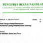Tangkapan surat Pengurus Besar Nahdlatul Ulama (PBNU) Nomor 325/A.I.06/06/2022, perihal Hasil Tabayun terkait Pelaksanaan Konferensi Cabang Nahdlatul Ulama Jombang.