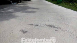 Kondisi jalan rabat beton di Dusun Melik, Desa Bedahlawak, Kecamatan Tembelang, Kabupaten Jombang, terpantau berlubang. (Foto: Dandy)